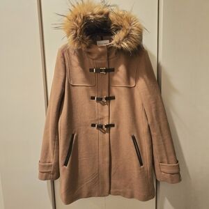 Women's Cole Haan Wool Blend Coat with Faux Fur Trim